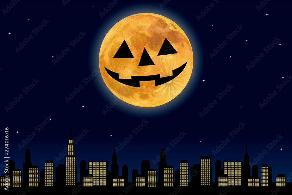 都市の夜景とハロウィンのスーパームーン 満月 のイラスト ベクターデータ 背景イラスト Stock Vector Adobe Stock