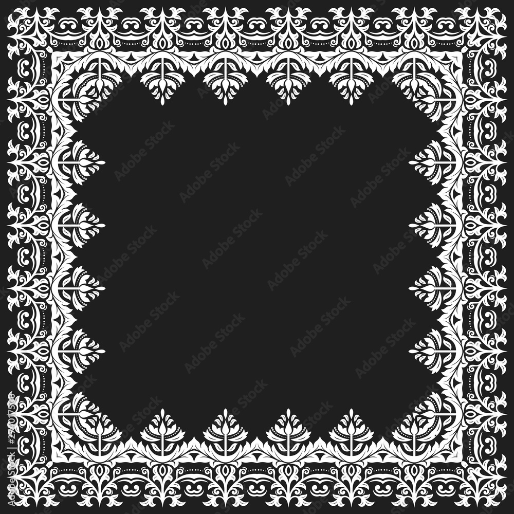 Classic square black and white frame with arabesques and orient elements. Abstract ornament with place for text. Vintage pattern