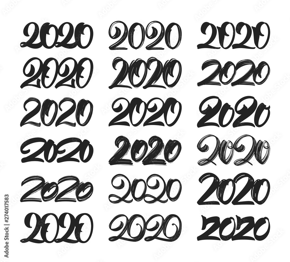 Big Set of Handwritten lettering of 2020. Happy New Year. Chines calligraphy