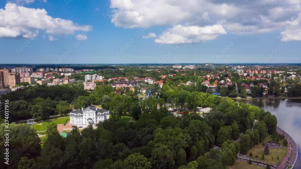 Aerial view of the Unost park in Kaliningrad, hyper lapse