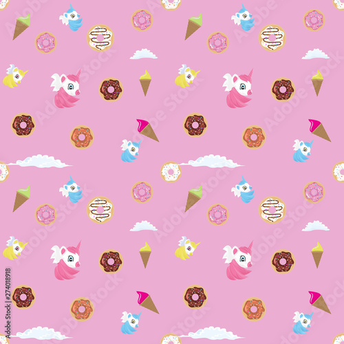 Fototapeta Naklejka Na Ścianę i Meble -  Unicorn, donut, ice-cream and other confetti elements seamless. Vector illustration.