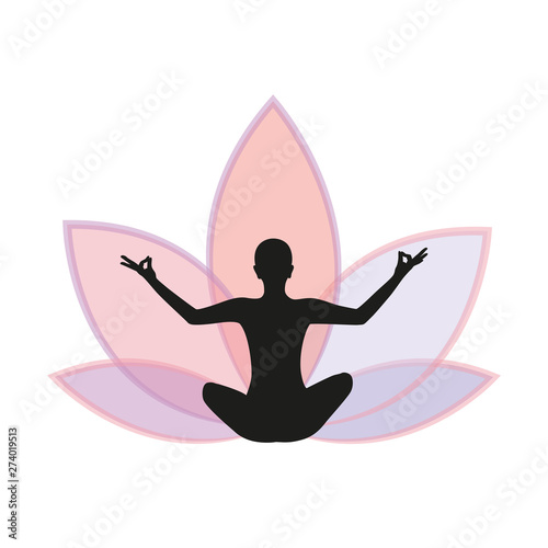 person meditates in pink lotus blossom vector illustration EPS10