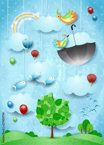 Surreal landscape with big tree, flying umbrella and fishes