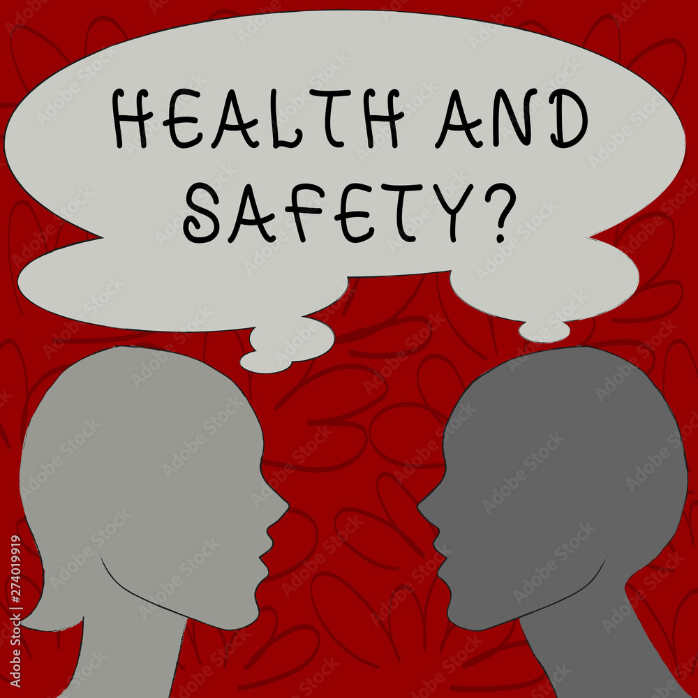 Text sign showing Health And Safety Question. Conceptual photo regulations and procedures to prevent accident or injury Silhouette Sideview Profile Image of Man and Woman with Shared Thought Bubble.