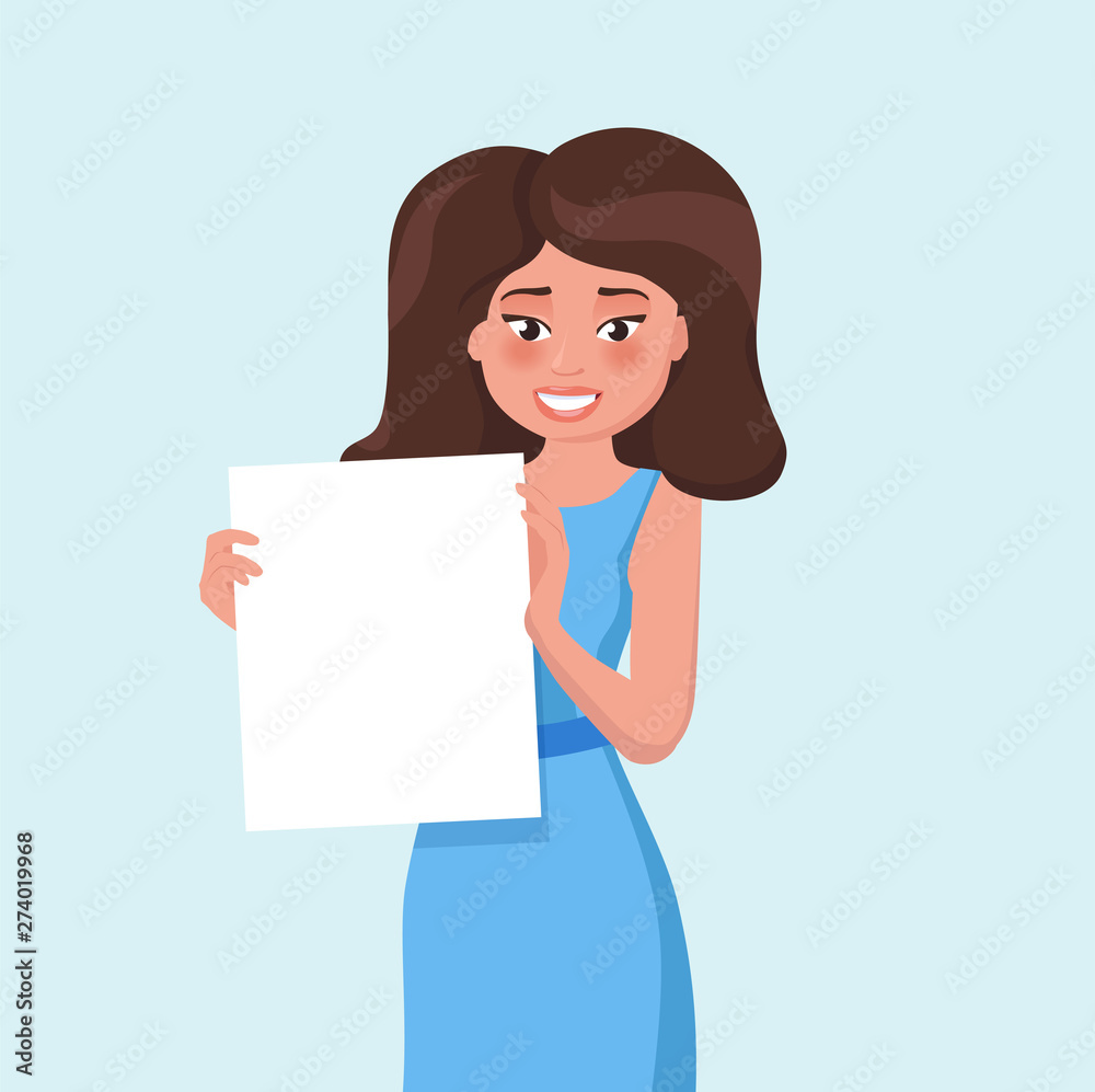 Woman, girl presents an idea. Female character with paper document isolated on blue background. Woman, girl presents an idea. Female character with paper document isolated on blue background.