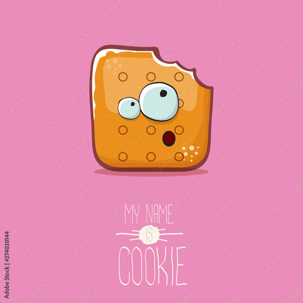 vector funny cookie character isolated on pink background. My name is cookie concept illustration. funky food character or bakery label mascot vector funny cookie character isolated on pink background. My name is cookie concept illustration. funky food character or bakery label mascot
