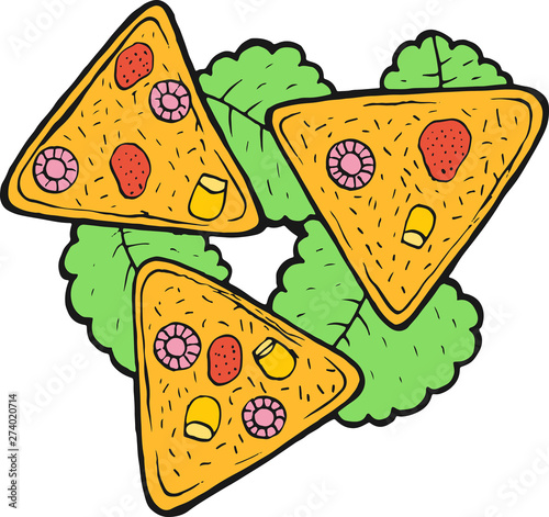 Mexican food nachos - colorful sketch. Ink artwork. Graphic doodle cartoon art. Vector illustration