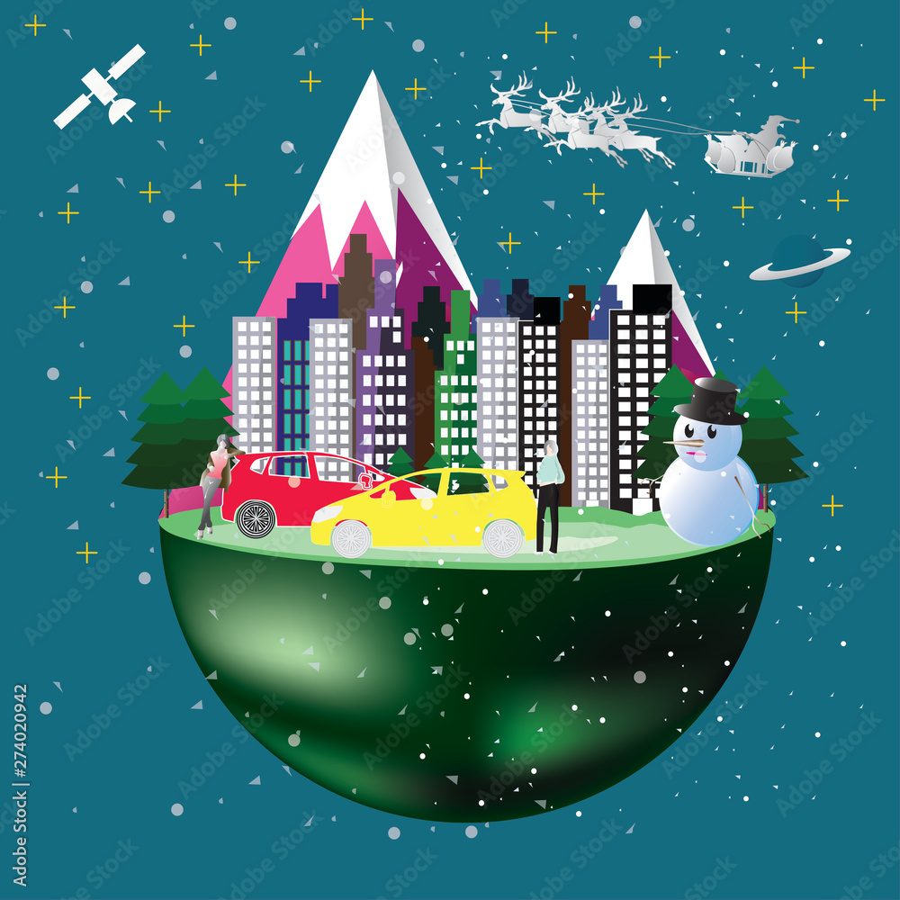 Civilized city in the world with a snowman, Santa Claus and the people are happy on Christmas.