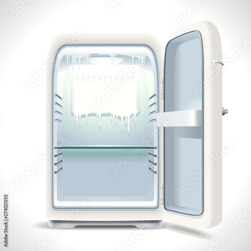 Realistic illustration of an old vintage fridge last century with chrome handle and open door