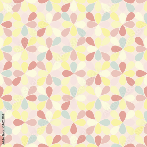Seamless vector pattern with geometricaly set, randomly pastel colored flower petals. Surface print design.