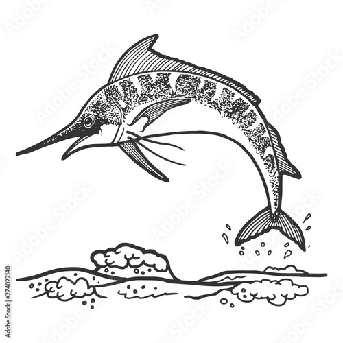 Swordfish marlin jumping from water sketch engraving vector illustration. Scratch board style imitation. Hand drawn image.