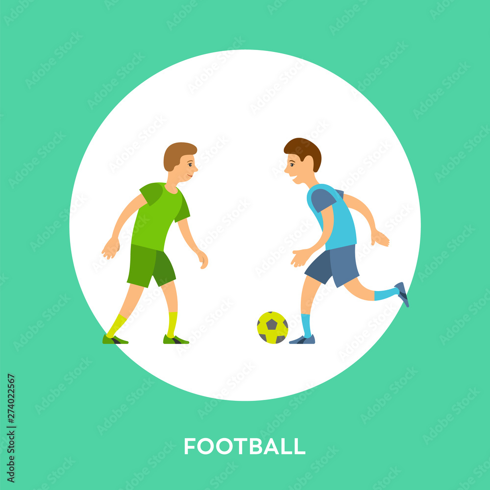 Φωτογραφία Football poster decorated by men running with ball, males side view in sportswea