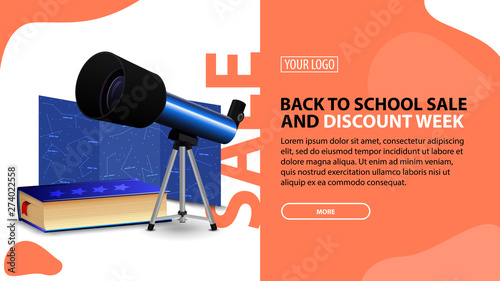 Back to school sale and discount week, horizontal discount banner for your website with modern design, telescope, map of the constellations and the encyclopedia of astronomy