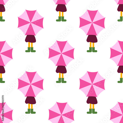 A funny little girl in a pink raincoat holds a bright multi colored umbrella. Vector cartoon utout child. Girl under Umbrella with purple raincoat and green rubber boots seamless pattern