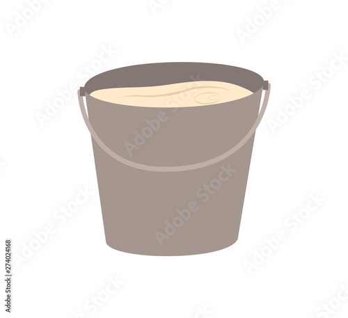 Dairy product in metal bucket, fresh milk in thank, countryside drink in bowl, crop farming element, natural farm product, organic nutrition food vector