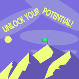 Word writing text Unlock Your Potential. Business concept for release possibilities Education and training is key Mountains with Shadow Indicating Time of Day and Flag Banner on One Peak.