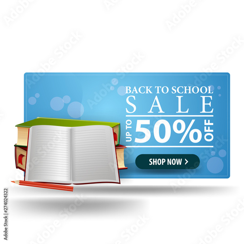 Modern back to school discount green 3D banner with button, school textbooks and notebook