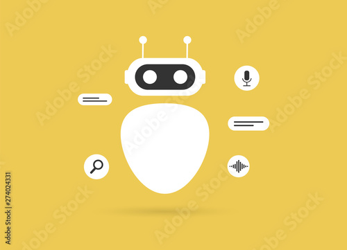 Chatbot and robot flat white icon on a yellow background with a shadow and few icons of search, text, sound wave and microphone. Vector isolated design for landing pages, banners, infographics