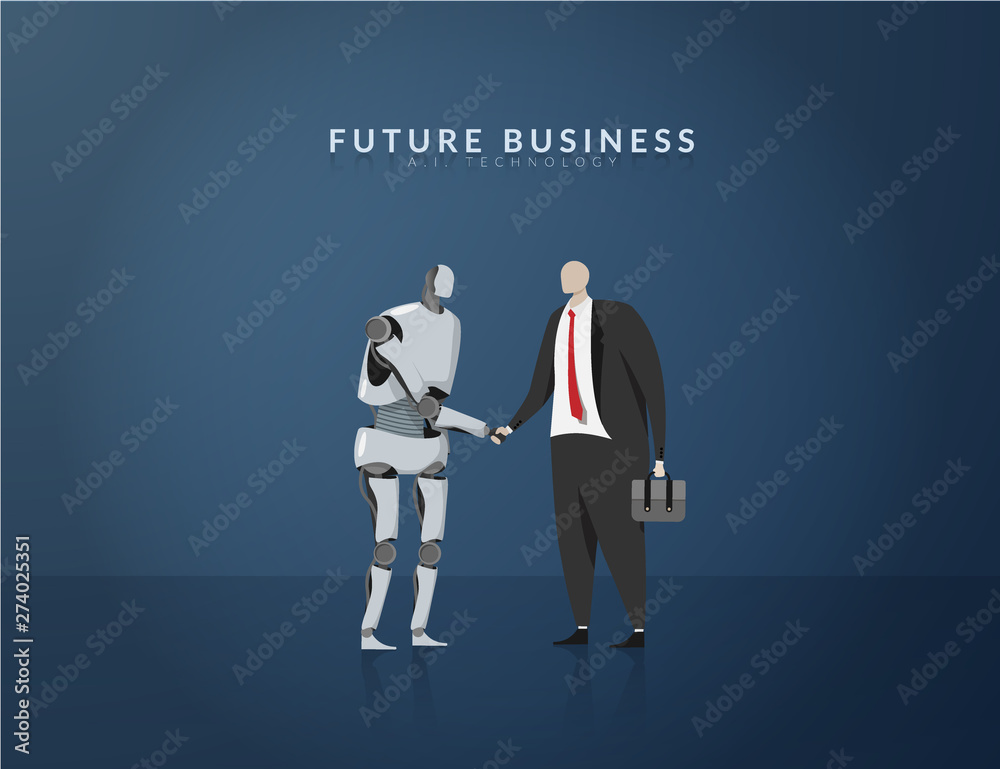 human and AI working together , future business , technology and innovation concept. AI or artificial intelligence shaking hand for cooperation in business with human.