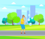 Woman on retirement vector, lady blowing in ring and making soap bubbles in city park, cityscape with buildings and skyscrapers, senior person fun