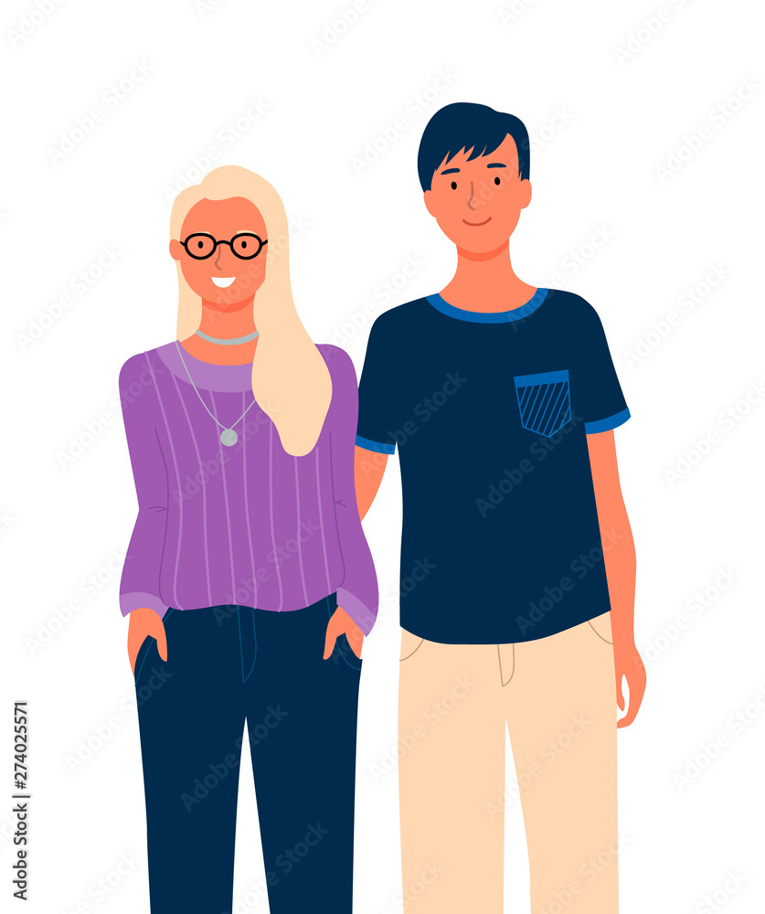 Group portrait of male and female character isolated full length people. Vector happy smiling couple or friends on photo. Young mother and father