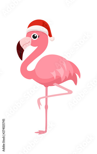 Winter holidays flamingo isolated on white background. Vector illustration.
