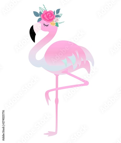 Cute flamingo with flowers. Beautiful vector illustration for birthday cards, party invitations, poster and postcard.