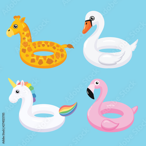 Flamingo, unicorn, swan and giraffe inflatable swimming pool floats. Vector illustration.