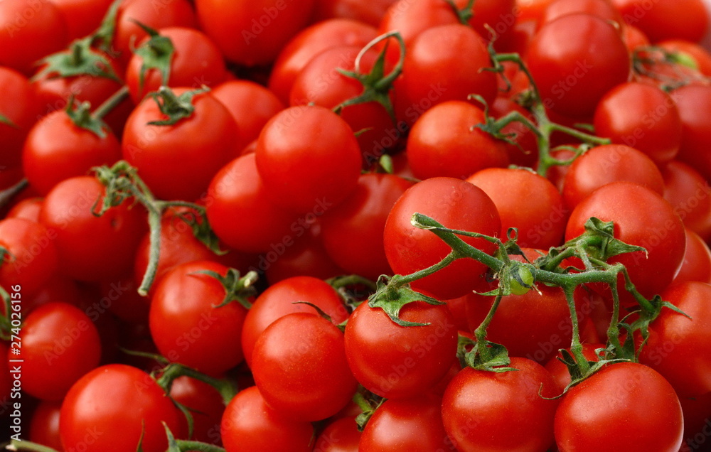 Red tomatoes background. Group of tomatoes. Full frame of cherry tomato on market.
