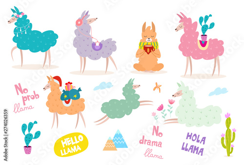 Cute hand drawn collection of cartoon llamas. Vector illustration with text for banner, poster, card, postcard and printable.