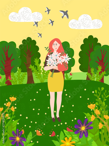 Bouquet of daisy flowers in hands of pretty woman on background with green tree  bushes and blooming buds. Vector forest landscape  girl and birds in sky