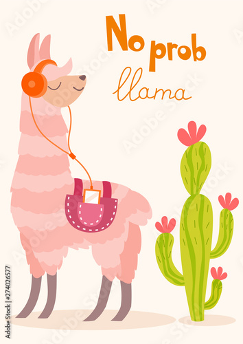 Stylish cartoon lama with cactus. Vector card.