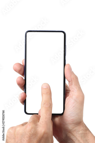 male man holding and showing blank smart phone isolated on white background with clipping path around hand and display with copy space for your text