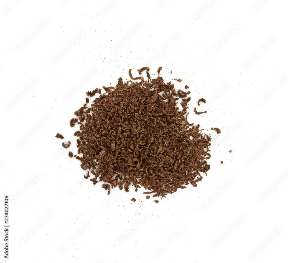 Grated chocolate. Heap of ground chocolate isolated on white background with clipping path, closeup. Grated chocolate. Heap of ground chocolate isolated on white background with clipping path, closeup.