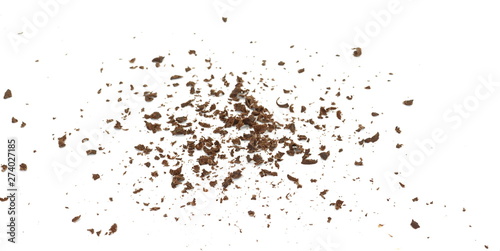 Grated chocolate. Heap of ground chocolate isolated on white background with clipping path, closeup. © Sanja