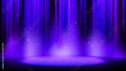 Empty blue purple scene with dark background, place lit by soft indigo spotlight, shiny sparkling particles. Indigo background with soft glow, divine radiance. Vector illustration