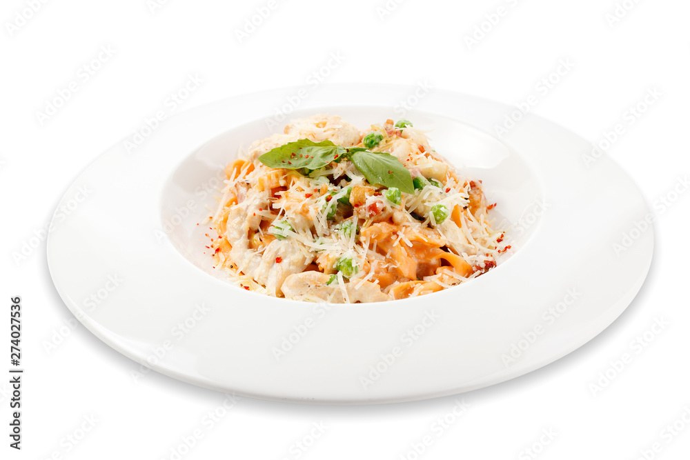 Pasta with chicken and Parmesan cheese. Dish isolated on white background Pasta with chicken and Parmesan cheese. Dish isolated on white background
