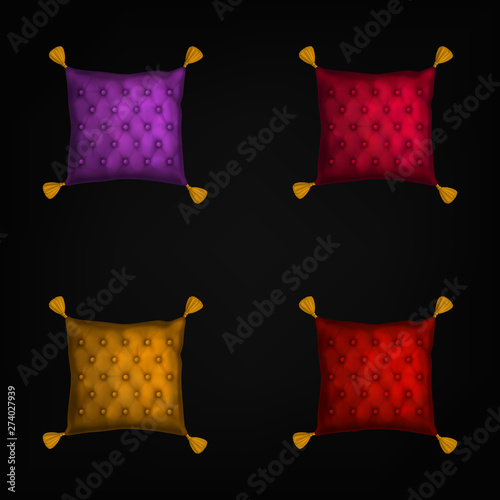 Needle pads set, sewing pillows with tassels isolated on black background. Colorful pincushions with quilted buttoned fabric texture, tailoring equipment collection, Realistic 3d vector illustration