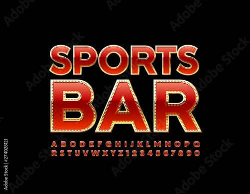 Vector premium emblem Sports Bar. Red and Golden Uppercase Font. Luxury Alphabet Letters and Numbers