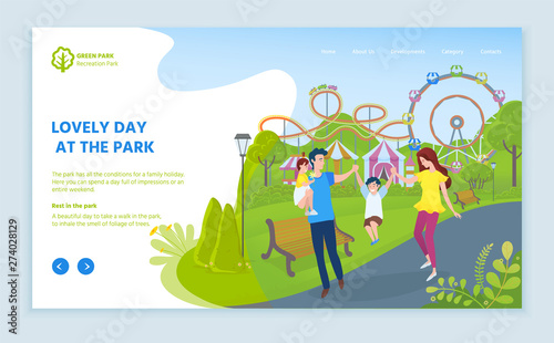 Lovely day at park vector, family spending time with kid, parenting and child. Ferris wheel and carousels for adults and kiddos fun weekends. Website or webpage template, landing page flat style photo