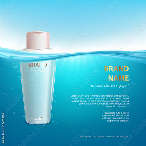 Cosmetic cleanser gel bottle mockup, natural beauty cosmetics product for face care on transparent water background with air bubbles. Tube package design, Realistic 3d vector illustration, banner