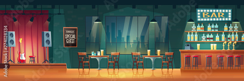 Bar or pub with live music cartoon vector interior. Stools near bar counter, shelves with alcohol drinks, table and chairs for visitors, performance stage with guitar and loudspeakers illustration