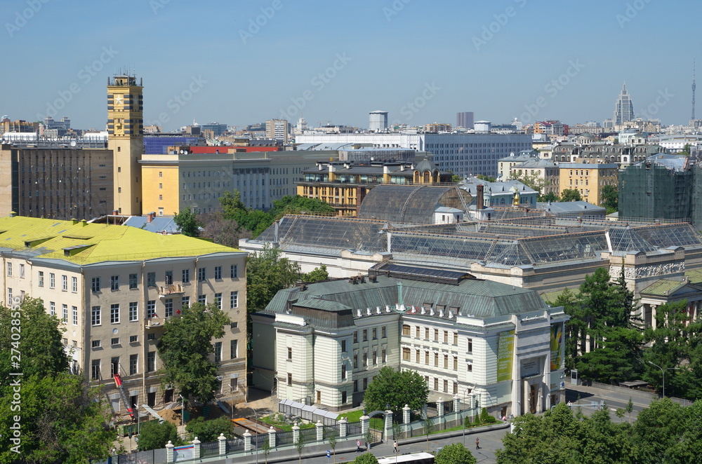 Moscow, Russia - June 4, 2019: Summer view of Volkhonka street and the building of the art gallery of Europe and America XIX–XX centuries State Museum of fine arts named after A. S. Pushkin