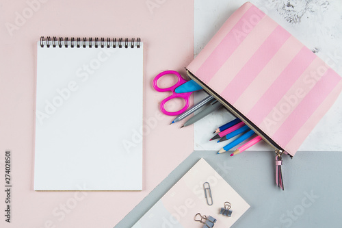 Back to school concept. School supplies in pencil case. Pink background with copy space. Flat lay, view from above.