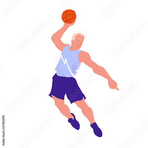Basketball player. Man in epic pose. Cool guy make a shoot. The people in dynamic pose. Flat with texture vector illustration. Isolated.