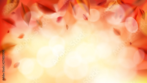 Fall background with blurred flying red leaves, autumn nature vector illustration