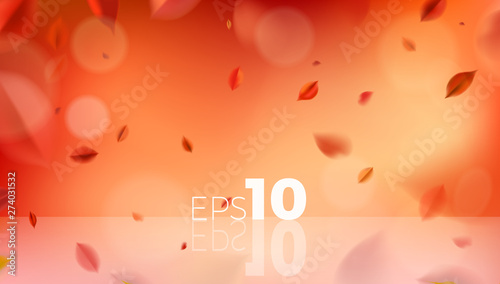 Fall background with blurred flying red leaves, autumn nature vector design