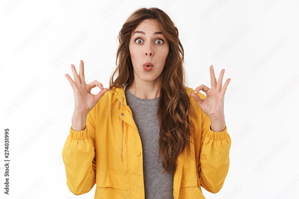 Wow that was awesome. Impressed supportive pretty female friend show okay ok perfection gesture express approval positive opinion fold lips astonished rate excellent choice, white background Wow that was awesome. Impressed supportive pretty female friend show okay ok perfection gesture express approval positive opinion fold lips astonished rate excellent choice, white background