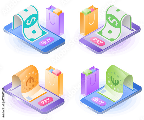 The online purchase and cash transaction with smartphone. Smart phone, paper money from the screen, shopping bag. Flat vector isometric illustration set.  The internet store, online order concept.