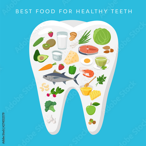 Best Food for Helthy Teeth concept vector illustration in flat design. Healthy foods placed on white tooth silhouette.